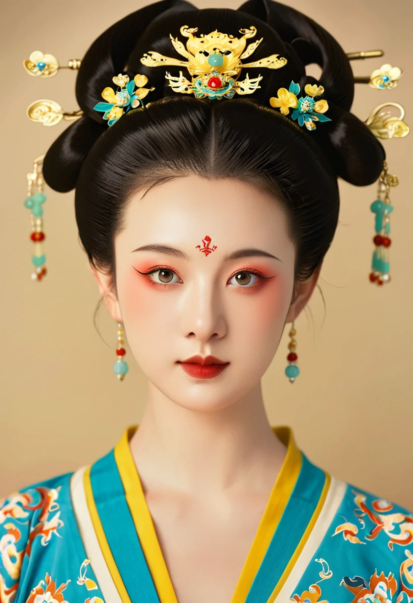 Beautiful girl portrait,symmetry,Round Face,Bright Eyes,Smooth skin,Chinese Tang Dynasty Flag Costume,egotistical,High bun,palace,Clean background