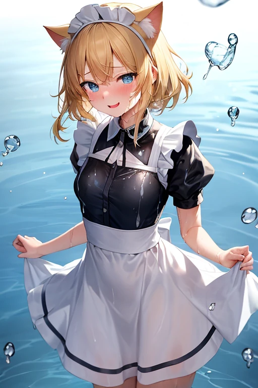 (Super best quality)(Highest quality)(Attention to detail)
Maid clothes, White apron, Headband, (Fashionable clothes)
Gothic Dress, ribbon, Maid clothes, (白と黒のMaid clothes), Normal collar, Classic, Short sleeve, スカートLong
((Even my clothes are wet 1.1))((Even my clothes are soaked in water)), (Water drop 1.1), Soaking wet, ((Deep water depth)) ((Deeply immersed))
Blonde, Blue Eyes, Cat ear, cute, Naughty, The best smile, Water droplets all over the body((全身にWater drop 1.1)), Long, Water drops on my arms, Water drips from the clothes, Small breasts, Less exposure, Floating offshore, The clothes are sinking, Submersion,