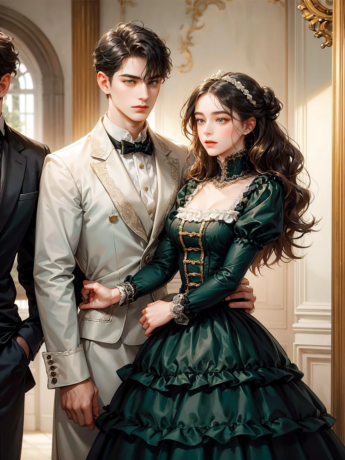 Couple, 1 girl 1 boy. Different hair color, chignon black hair with bangs and green eyes, small breast, victorian era dress, short bonde hair, wavy hair and (sky blu eyes) , male Victorian era dress. They look at the viewers. Height different, detailed face, detailed hands. Background inside of a hall