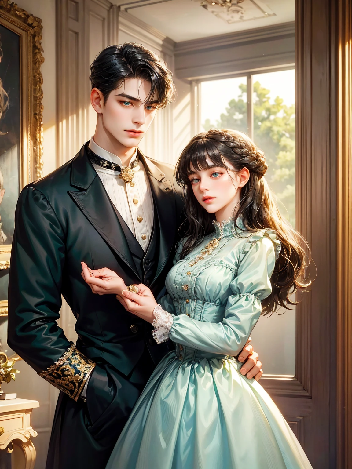 Couple, 1 girl 1 boy. Different hair color, chignon black hair with bangs and green eyes, small breast, victorian era dress, short bonde hair, wavy hair and (sky blu eyes) , male Victorian era dress. They look at the viewers. Height different, detailed face, detailed hands. Background inside of a hall
