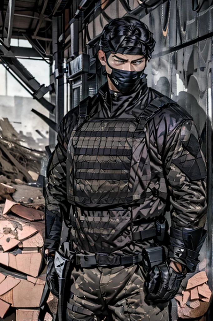 Virtual image、realistic texture16 automatic rifle、Rubble, man, blue eyes , black hair, Black bulletproof armor, black gloves