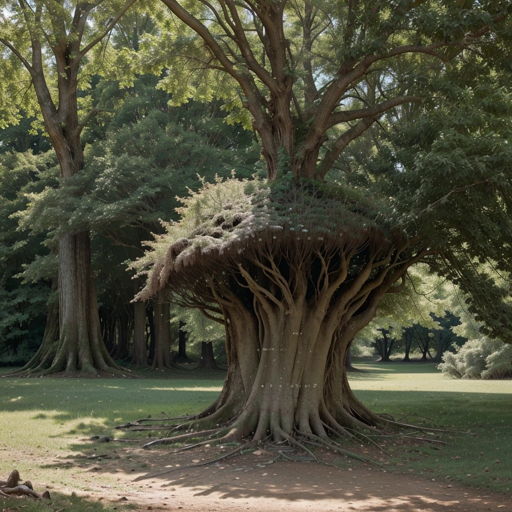 	An image of a large, mature tree with a visible root system. The tree should have a thick trunk and the roots should be prominently exposed, either due to erosion or natural growth. The scene can be set in a natural environment, perhaps in a forest or on a hill, to emphasize the strength and resilience of the tree.