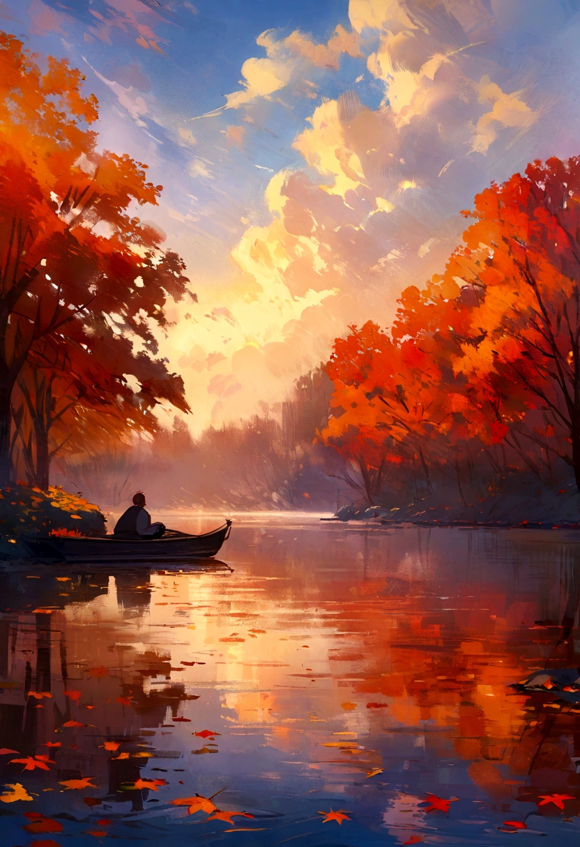 Masterpiece, premium, high detail, Impressionism, autumn morning, Lake cruise under morning fog., Hoar, cinematic light,
