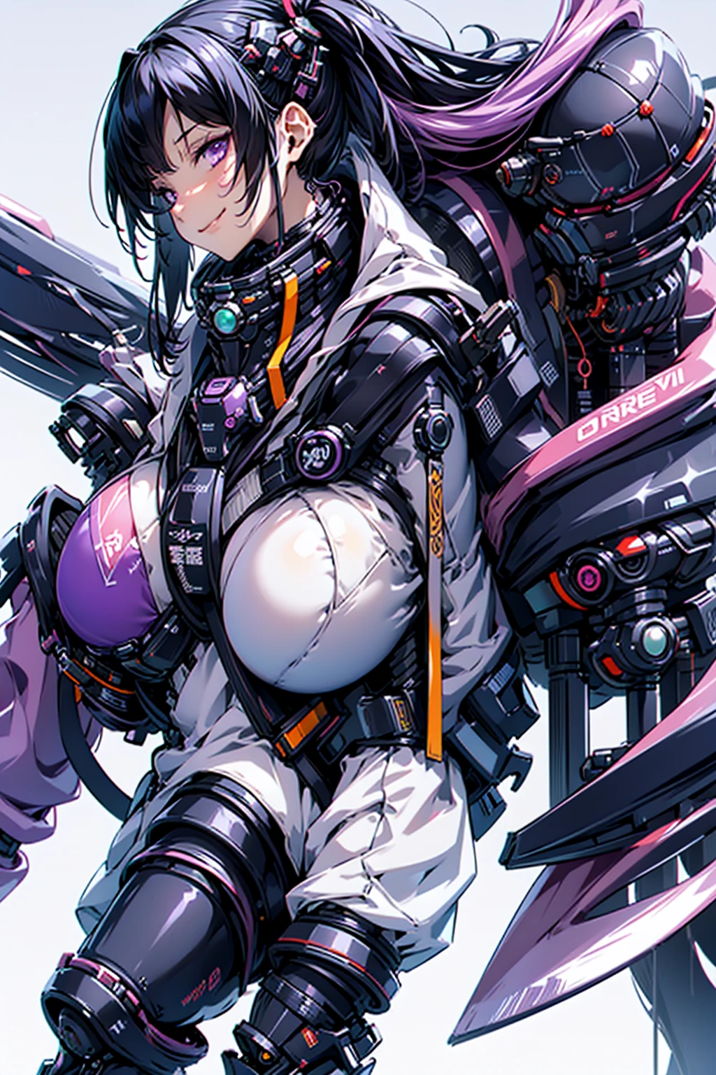 woman、Early 20s、cyber punk、Wicked Smile、Black Hair、Long Hair、Multicolored Hair、Purple Eyes、breast enhancement、sexy、