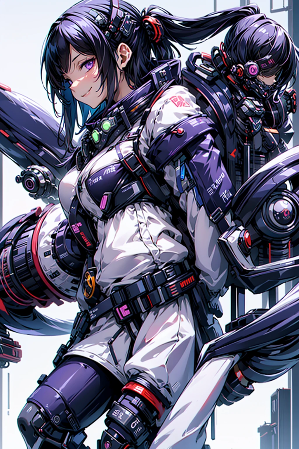 woman、Early 20s、cyber punk、Wicked Smile、Black Hair、Long Hair、Multicolored Hair、Purple Eyes、breast enhancement、sexy、