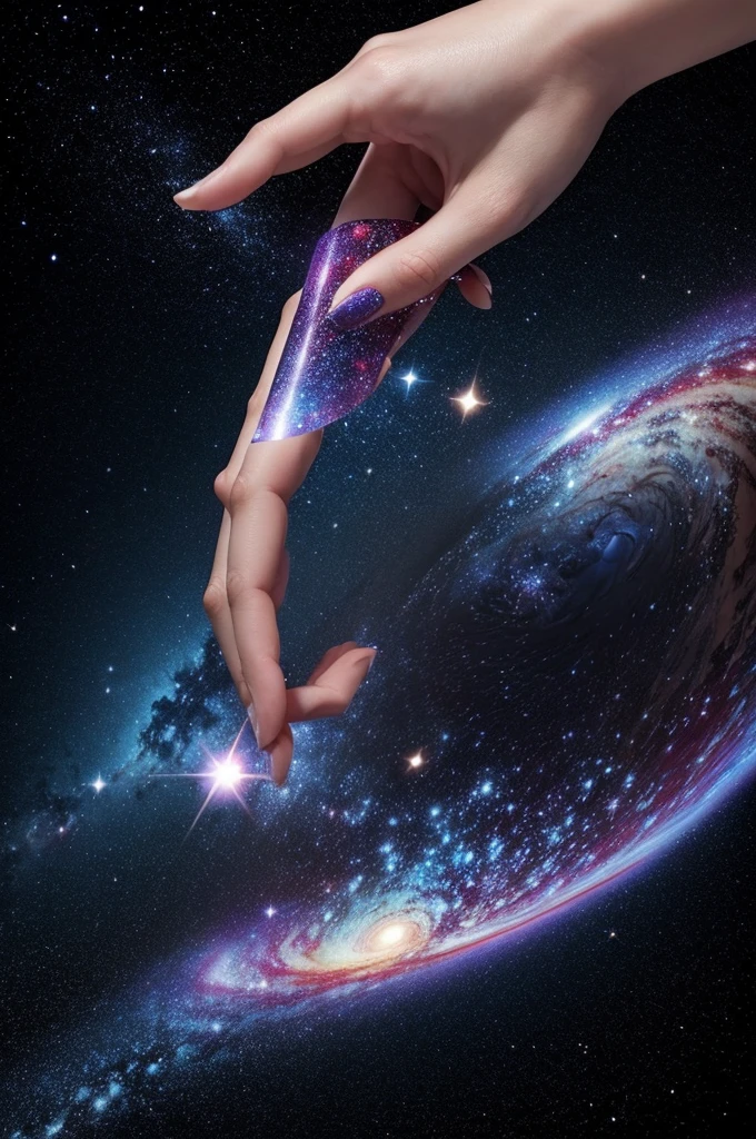 A surreal image of a hand and a galaxy 