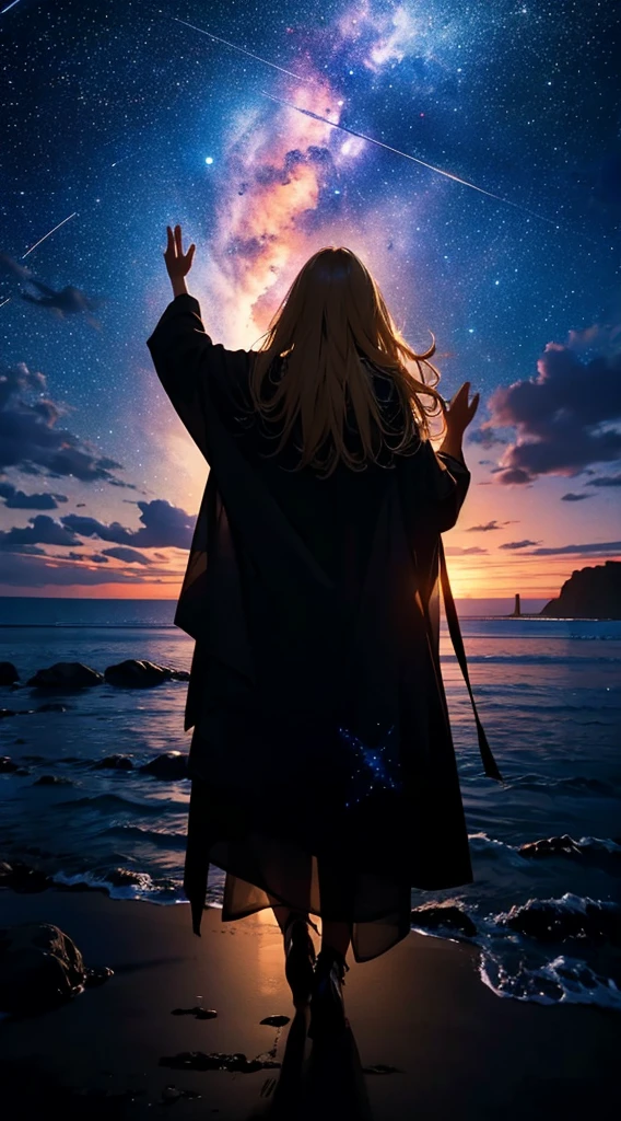 １people々々,Blonde long-haired woman，Long coat， Dress Silhouette， Rear View，Raise your hand to grab something，Space Sky, The boundary between sea and space，