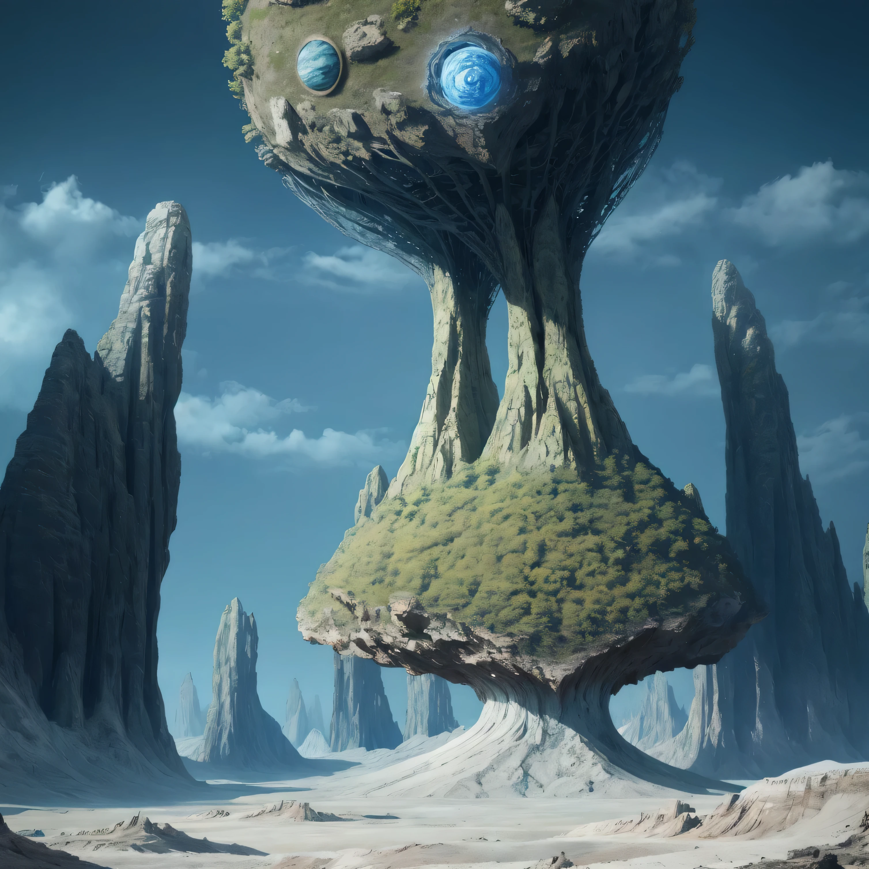 a vast alien exoplanet landscape,blue skies, strange growing alien flora, otherworld geology, intricate alien architecture, advanced alien technology, cinematic lighting, matte painting style, highly detailed, photorealistic, 8k, best quality, ultra-detailed, realistic, atmospheric