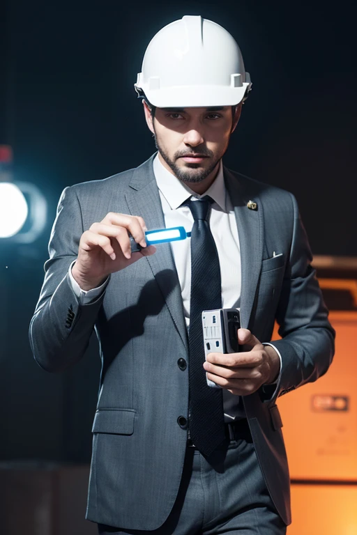Create an image of a man in a suit wearing a hard hat holding an electronic component in his hand.