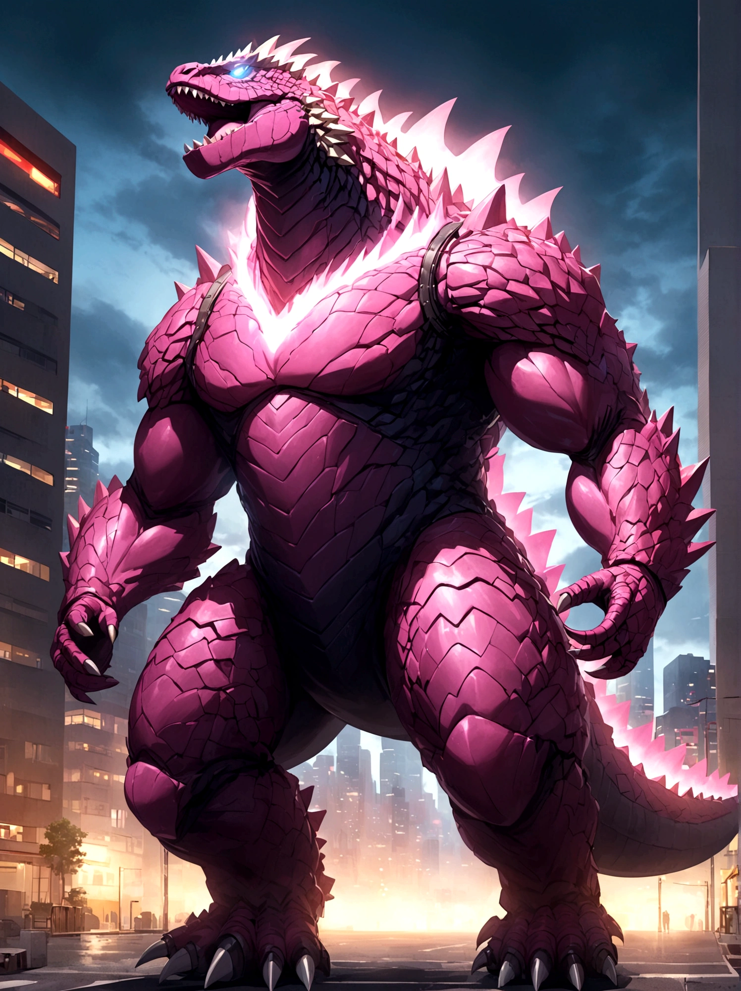 solo, full body, outdoors, city, glowing, building, no humans,pink godzilla