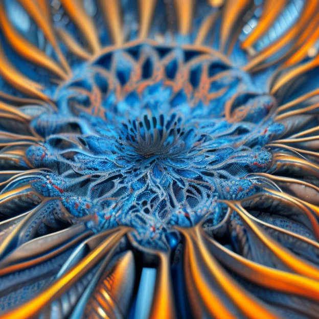  a glittering blue flower, chromed steel, titanium, vanadium and iron, dominant blue color tonality, growing on a fractal ground,warped space scenario, fractal design, brilliant,colours, masterpiece, highly detailed, 4k resolution,  3d modelling, digital art, abstract art