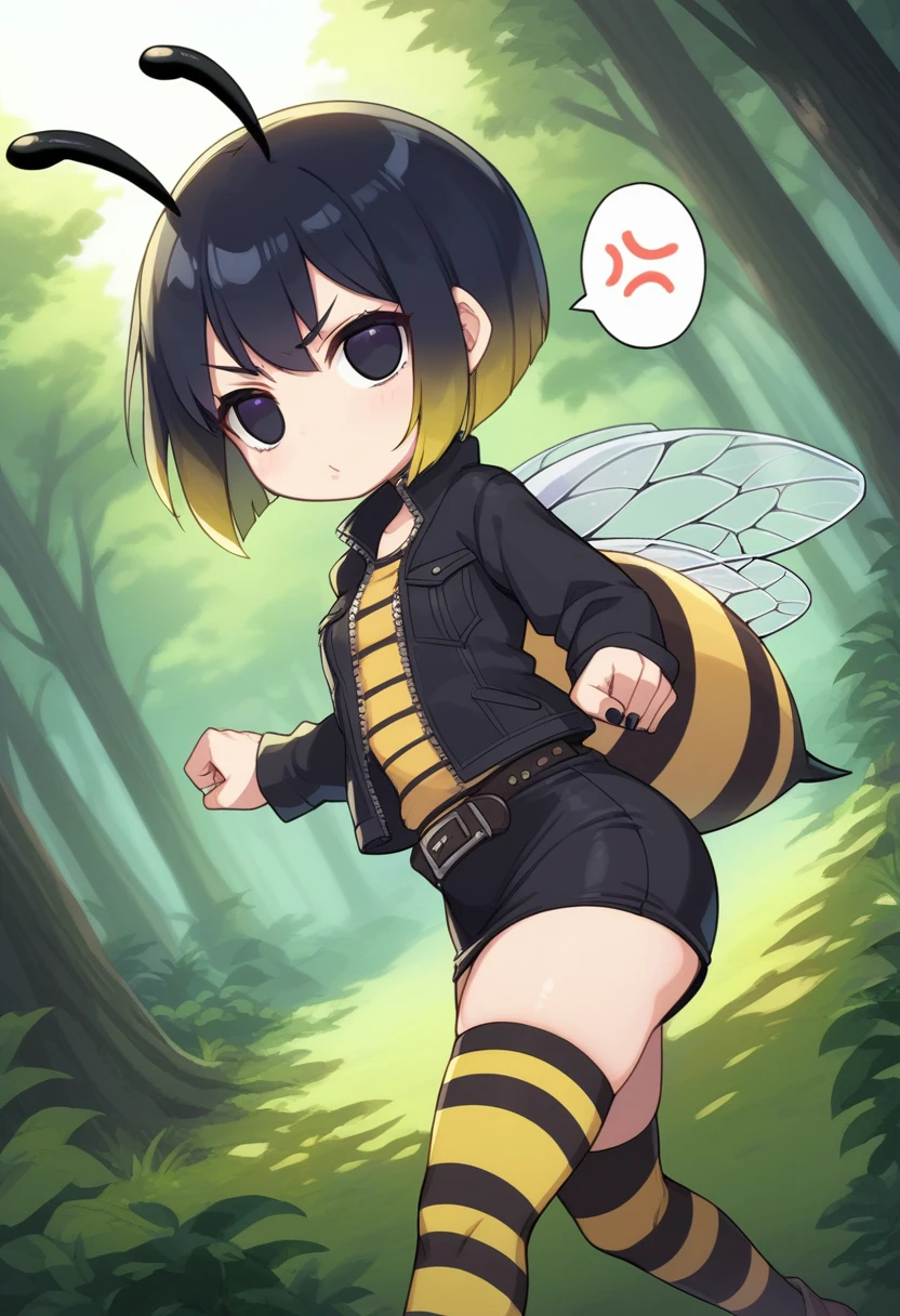 score_9, score_7_up, score_6_up, 1girl, source_cartoon, source_anime,breathtalking Scenery,watercolor,smooth soft skin, natural skin,anime screencap,mjm,rating_questionable,
BREAK
1girl,(solo:1.2),(hornet girl:1.4), bee girl,(little female child:1.3), (:1.3),6 yo, kawaii,baby face,small breast, cute face,oily skin,(Phat ass:0.6)
BREAK
(black lob hair:1.4),(black bob cut:1.3),(yellow gradient hair:1.2),(yellow dip-dye hair:1.1),ahoge,highlight on eyes,(nail_polish:1.1), black eyes,beautiful eyes, detailed eyes, puffy eyes,
BREAK
(bee antennae:1.3), (PVC material Extremely small bee wings:1.1), (bee wings:1.1),symmetry bee wings, anger vein,anguish,(spoken squiggle:1.5),spoken anger,angry
BREAK
belt buckle,black jacket, zip up, (pencil Skirt:1.1),(yellow striped black stockings:1.3),pierce,chain accessory,punk rock, croped shirt
BREAK
side view,from above,dutch angle,(deep forest,forest,darkness:1.2),dash,(running:1.3),dynamic running,dynamicangle,In a secluded setting, surrounded by a dense forest, the bog lay hidden like a secret gem, its misty surface whispering tales of ancient times,misty,deep forest,