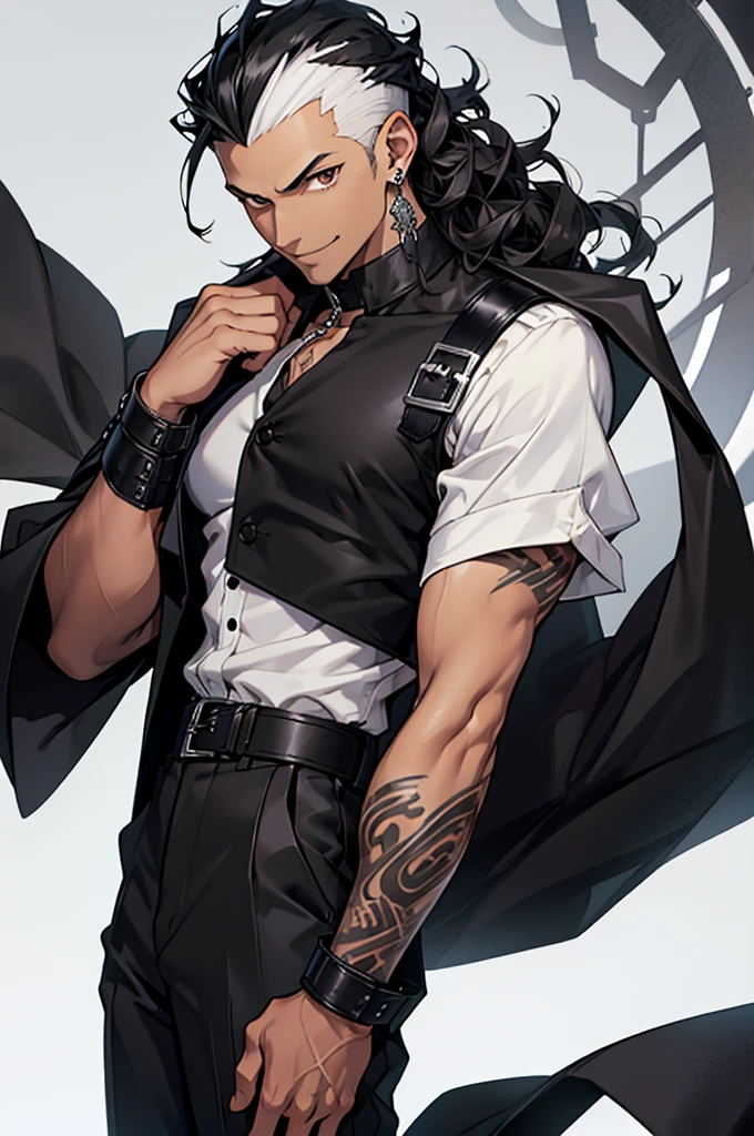 1man, young man, brown skin, brown eyes, mischievous smile, curly mid-long hair, black hair, wolfcut hairstyle, formal outfit, white shirt with rolled up sleeves, white shirt top buttons open, tattooed forearms, black kerchief around neck, black suit pants, black leather belt with silver buckle, black suit jacket, jacket over shoulders like a cape, black leather boots with silver buckles, silver rings on fingers, three silver earrings on right ear, no white skin, hunterxhunter anime style