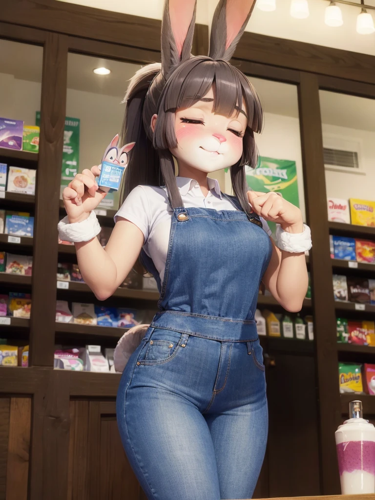 Highest quality, masterpiece, Ultra-realistic, Super detailed, Beautiful details, 4K, 8K, Photo realistic, Realistic lighting.

upper body shot,
Looking at Viewer, Looking at Camera,
((at convenience store)), store clerk, at midnight, 

((Anthropomorphic rabbit)),
((woman body)),
((7 heads tall)),
((Rabbit woman)),
Detailed animals,
Complex patterns,
(Furry:1.35),
(All skin is grey:1.3),
(The body is fluffy and bushy:1.3),
Realistic fur,

Human hands,
BREAK

(((Judy Hopps face))), 
((Aoki Reika facial expression)), (closed eyes, smile), 
((ponytail)), 
((see-through bangs)), bangs, 
((dark brown hair color)), 
Purple eyes, 
{Eye highlights, Clear eyes, Eyes sparkling, round pupils}, 
Detailed Iris, 
(Eyebrows raised:1.2), 
(Crescent eyebrows:1.3), 
(Rabbit ears:1.3), 
raised corners of mouth.

BREAK

The lady is wearing denim pants.
((brown apron)) BREAK ((checked shirt)) BREAK ((blue denim pants)).

BREAK

(solo:1.5), (1girl:1.5).

Perfect Anatomy. 

Lighting front, Lighting forward, Intricate details, Ray Tracing, Realistic, 