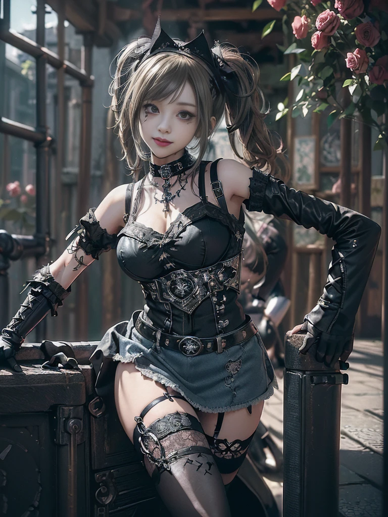 (Smiling with teeth showing:1.3),(Shibuya Gal:1.5)、(Gothic ta style fashion:1.5)、(Punk RockVisual Kei:1.4)、(Denim and black and white medieval noble mini skirt dress:1.5)、(Denim with black and white medieval gloves and bustier:1.5)、(Denim high heels:1.3)、(Wearing silver accessories:1.5)、(Denim collar:1.4)、(Black Leather Garter Belt:1.4)、(Brown Skin Belt:1.3)、(Black lace underwear:1.5)、20-year-old、NSFW、((Highest quality、In 8K、masterpiece:1.3))、Sharp focus:1.2、(Layered Cut、Huge boobs:1.1),Beautiful woman with perfect figure:1.4、(Dancing vigorously:1.3)、Slender Abs:1.2、Highly detailed face and skin texture、Detailed eyes、double eyelid,(Twin tails:1.3)、(Brown-golden hair:1.3)、Gravure idol、(The background is a VIP room of a high-class cabaret club surrounded by roses on a sunny day outdoors.:1.3)、(Slim body:1.2),(Make your legs thinner:1.4),(clavicle:1.1)
