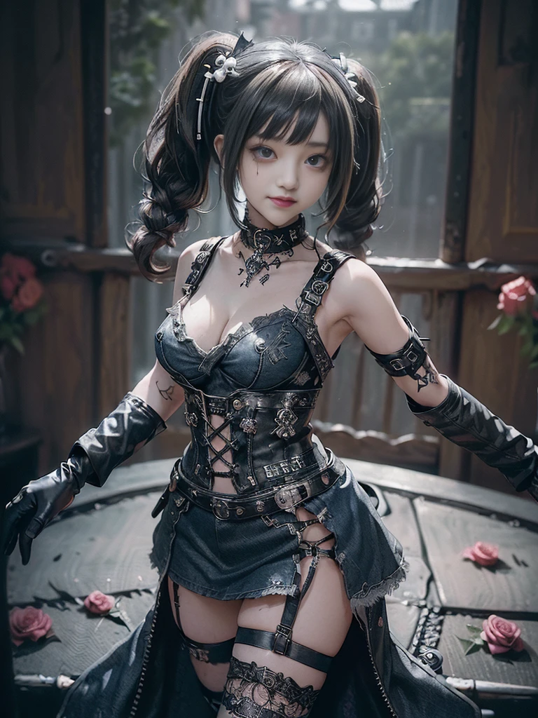 (Smiling with teeth showing:1.3),(Shibuya Gal:1.5)、(Gothic Lolita style fashion:1.5)、(Punk RockVisual Kei:1.4)、(Denim and black and white medieval noble mini skirt dress:1.5)、(Denim with black and white medieval gloves and bustier:1.5)、(Denim high heels:1.3)、(Wearing silver accessories:1.5)、(Denim collar:1.4)、(Black Leather Garter Belt:1.4)、(Brown Skin Belt:1.3)、(Black lace underwear:1.5)、20-year-old、NSFW、((Highest quality、In 8K、masterpiece:1.3))、Sharp focus:1.2、(Layered Cut、Huge boobs:1.1),Beautiful woman with perfect figure:1.4、(Dancing vigorously:1.3)、Slender Abs:1.2、Highly detailed face and skin texture、Detailed eyes、double eyelid,(Twin tails:1.3)、(Brown-golden hair:1.3)、Gravure idol、(The background is a VIP room of a high-class cabaret club surrounded by roses on a sunny day outdoors.:1.3)、(Slim body:1.2),(Make your legs thinner:1.4),(clavicle:1.1)