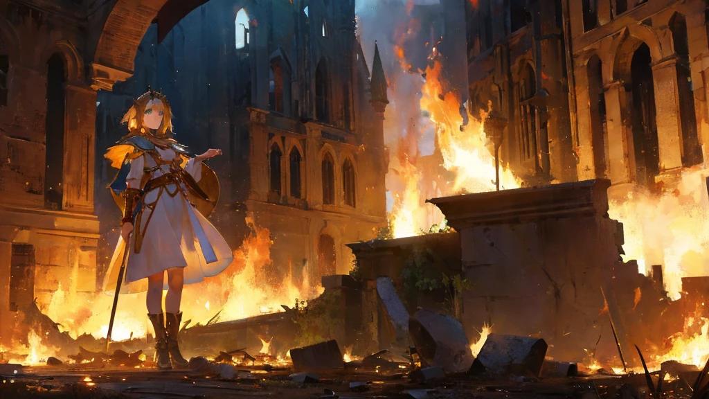 Wide-angle shot of an adult woman, with long straight hair and green eyes, in the middle of a ruined square, haranguing the people, on her head there is a crown, (with her finger she points in a distant direction). She wears a white tunic, with golden shoulder pads and boots. The context is a (medieval village), with ruins and flashes of greenery, flames and ashes in the distance. The atmosphere is ((epic)).
