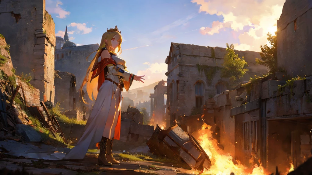 Wide-angle shot of an adult woman, with long straight hair and green eyes, in the middle of a ruined square, haranguing the people, on her head there is a crown, (with her finger she points in a distant direction). She wears a white tunic, with golden shoulder pads and boots. The context is a (medieval village), with ruins and flashes of greenery, flames and ashes in the distance. The atmosphere is ((epic)).