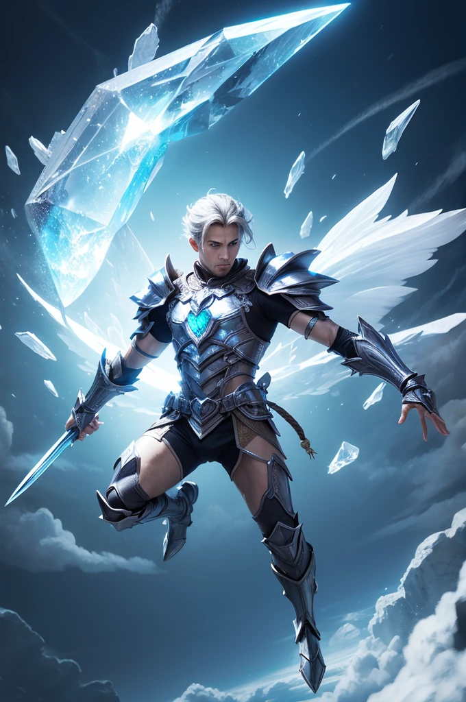 Man with flying crystal armor and floating blades
