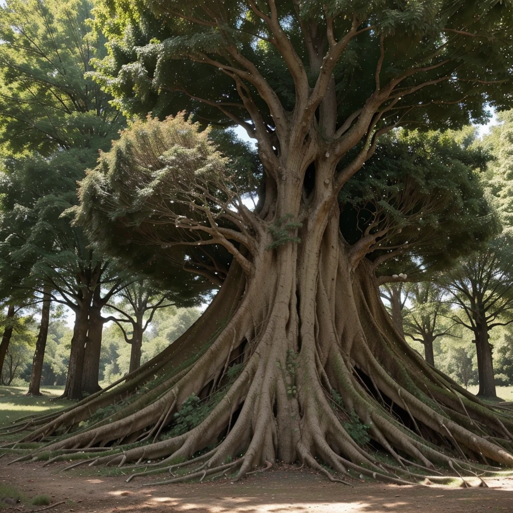 	An image of a large, mature tree with a visible root system. The tree should have a thick trunk and the roots should be prominently exposed, either due to erosion or natural growth. The scene can be set in a natural environment, perhaps in a forest or on a hill, to emphasize the strength and resilience of the tree.