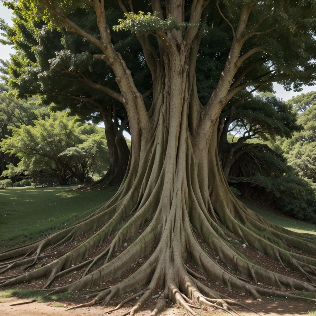 An image of a large, mature tree with a visible root system. The tree should have a thick trunk and the roots should be prominently exposed, either due to erosion or natural growth. The scene can be set in a natural environment, perhaps in a forest or on a hill, to emphasize the strength and resilience of the tree.