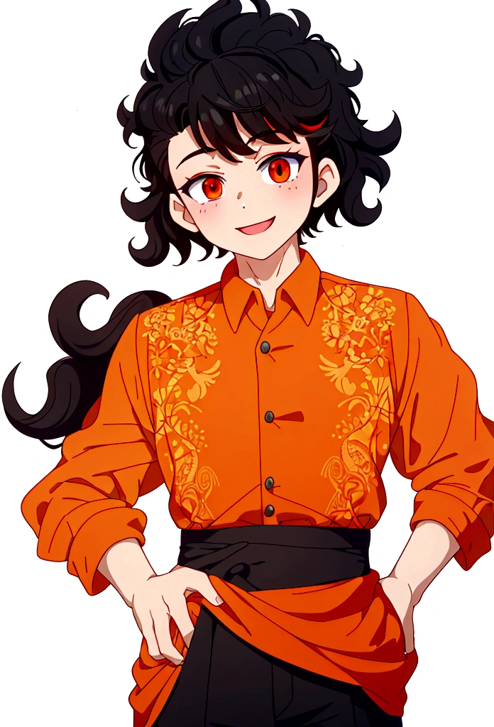 Cartoon adult man, black curly hair, hair cut on the sides, orange blouse, red eye color, with happy face smiling, from the waist up, simple white background