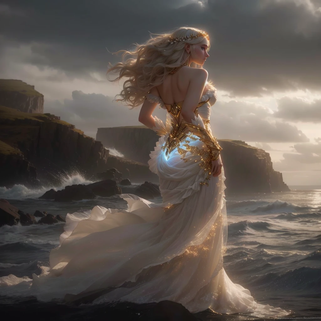 arafed woman in a white dress standing on a rock by the ocean, cinematic goddess shot, marc adamus, real photoshoot queen of oceans, a still of an ethereal, unreal engine render + a goddess, annasophia robb as aphrodite, golden hair blowing the wind, fantasy style 8 k octane render, goddess of the sea, matte painting portrait shot
