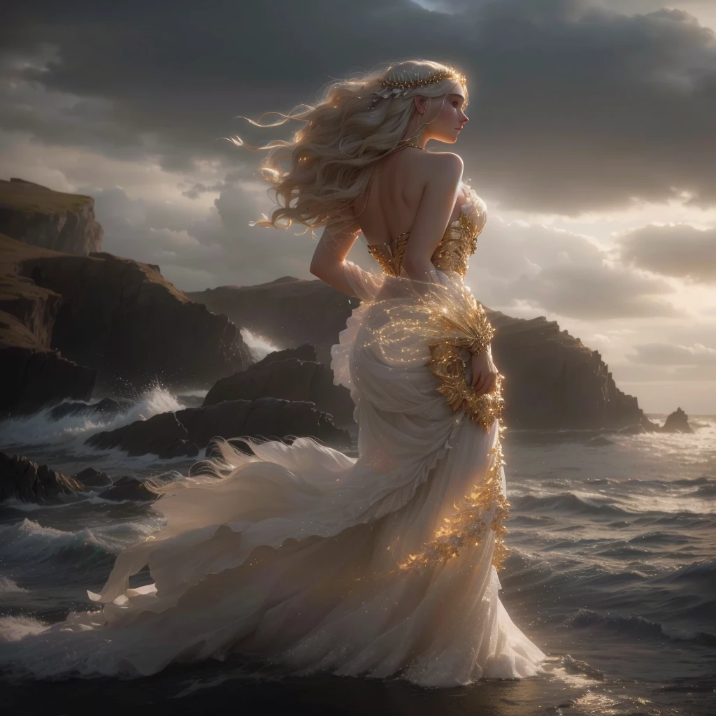 arafed woman in a white dress standing on a rock by the ocean, cinematic goddess shot, marc adamus, real photoshoot queen of oceans, a still of an ethereal, unreal engine render + a goddess, annasophia robb as aphrodite, golden hair blowing the wind, fantasy style 8 k octane render, goddess of the sea, matte painting portrait shot