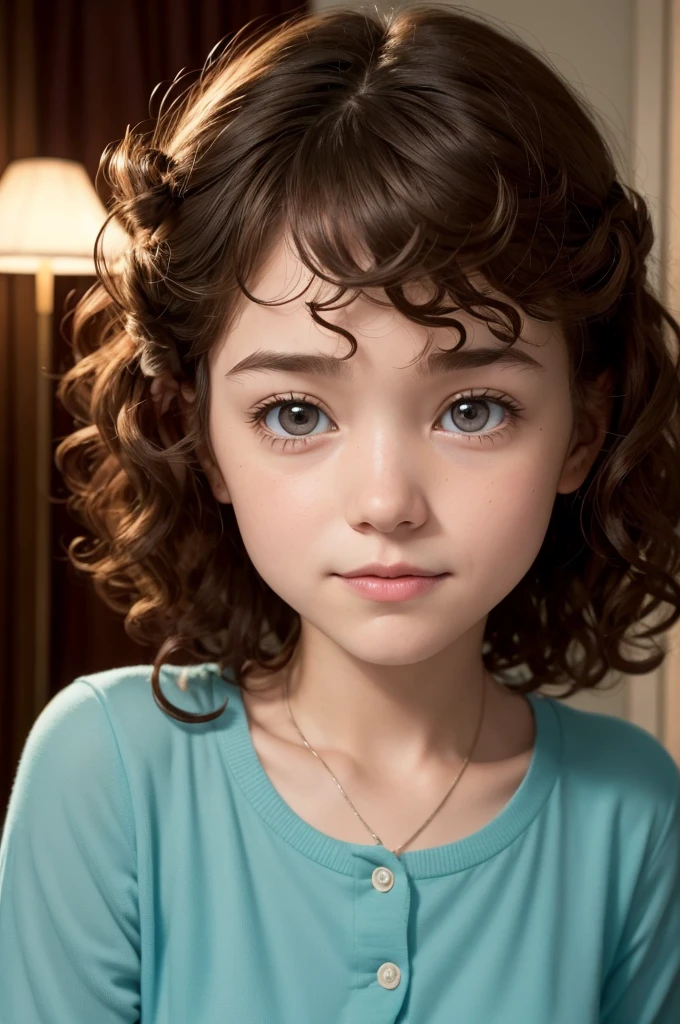 I want a photo of an emotion from the movie Inside Out by Pixar. She has curly hair with brown hair and dark brown eyes.