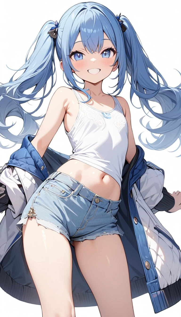 whole body, (female): 1girl, (solo), (perfect face), (detailed outfit), (little girl), beautiful female, smile (happy), blue hair, long hair, twintails hair, blue eyes, (tank top,), (white background), (masterpiece:1.4), (best quality), (ultra-detailed)