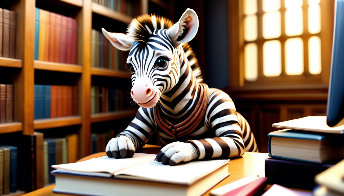 (photography film style), anthropomorphic, cute zebra cub, colorful , library, studying, 2D, colorful, warm atmosphere, shiny, Jean-Baptiste Monge style, Alan Lee style