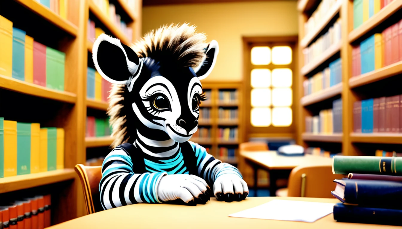 (photography film style), anthropomorphic, cute zebra cub, colorful , library, studying, 2D, colorful, warm atmosphere, shiny, Jean-Baptiste Monge style, Alan Lee style