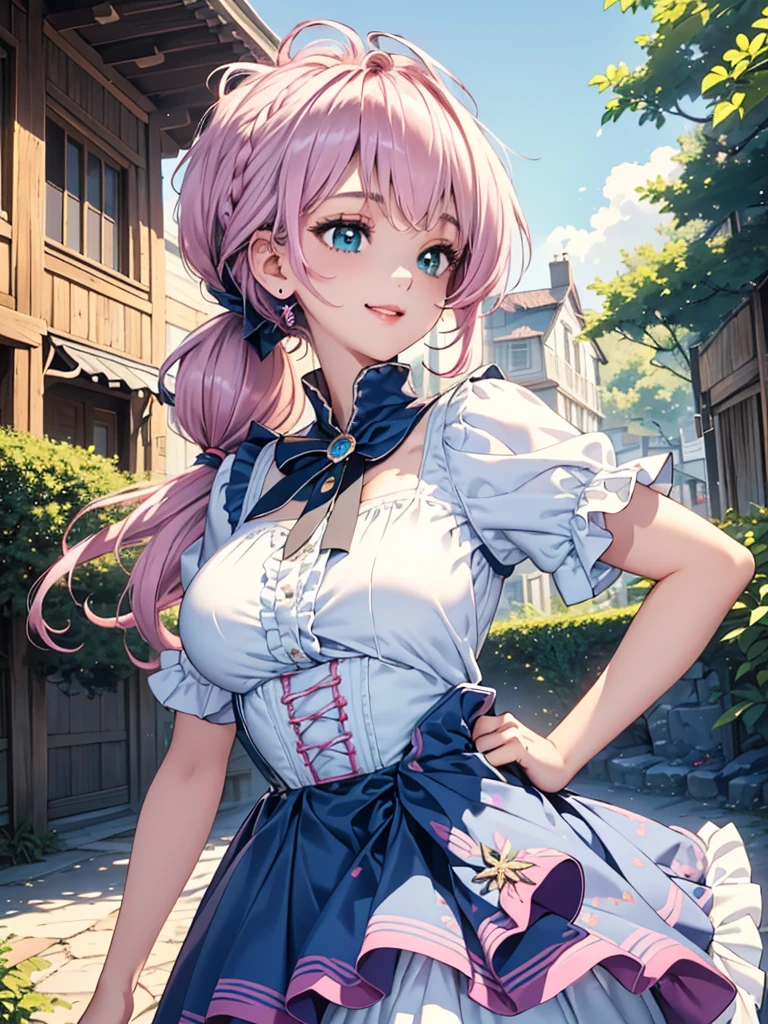 best image quality, (masterpiece:1.2), ultra detailed, exquisite, cowboy shot, high quality, Beautiful art, One Girl, looking at viewers, (leaning forward:1.5), arms behind back,  ((18 years old, Big Breasts, Giant bust:1.2)), fair skin, beautiful skin, Detailed teeth, Light green eye rest, Meticulous Eyelash Details, twinkle(in the eyes), (astel pink French Braid, (braid ponytail), thin, smile, Heartily laugh, Fashionable clothes、(white ruffled blouse:1.1)、White collared shirt, (dark blue high-waist skirt:1.5), (Short sleeve shirt:1.1), from above,  in a town