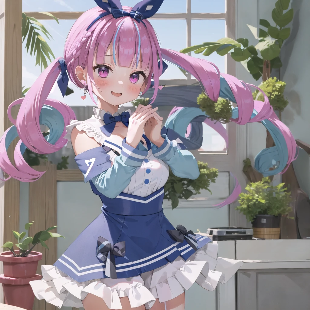 masterpiece, ultra detail, best quality, girl, shy, Minato aqua(Sailor suit),Make a heart with your hands., blush, camera, indoor, holding camera, day, crowd, taking picture, blue sky, photo background, backwards , iiaqua, twintails, drill hair, cowboy shot, standing, home, smile
