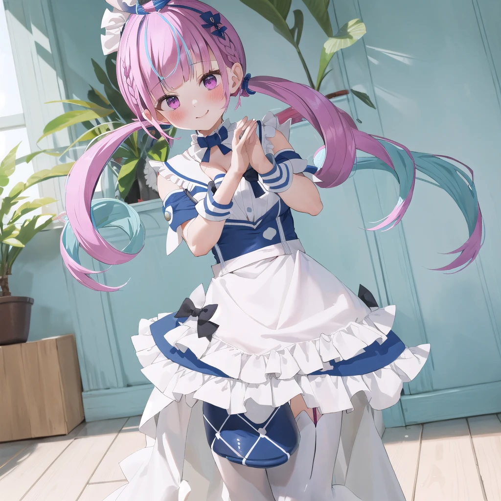 masterpiece, ultra detail, best quality, girl, shy, Minato aqua(Sailor suit),Make a heart with your hands., blush, camera, indoor, holding camera, day, crowd, taking picture, blue sky, photo background, backwards , iiaqua, twintails, drill hair, cowboy shot, standing, home, smile