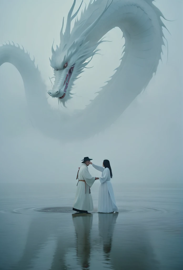 A white Chinese dragon looks down at a woman on a foggy lake. Clouds, thick fog, symmetrical composition, a woman in a white robe walking on the lake and looking at the dragon, full of mystery, close-up