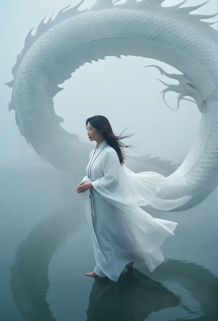 A white Chinese dragon looks down at a woman on a foggy lake. Clouds, thick fog, symmetrical composition, a woman in a white robe walking on the lake and looking at the dragon, full of mystery, close-up