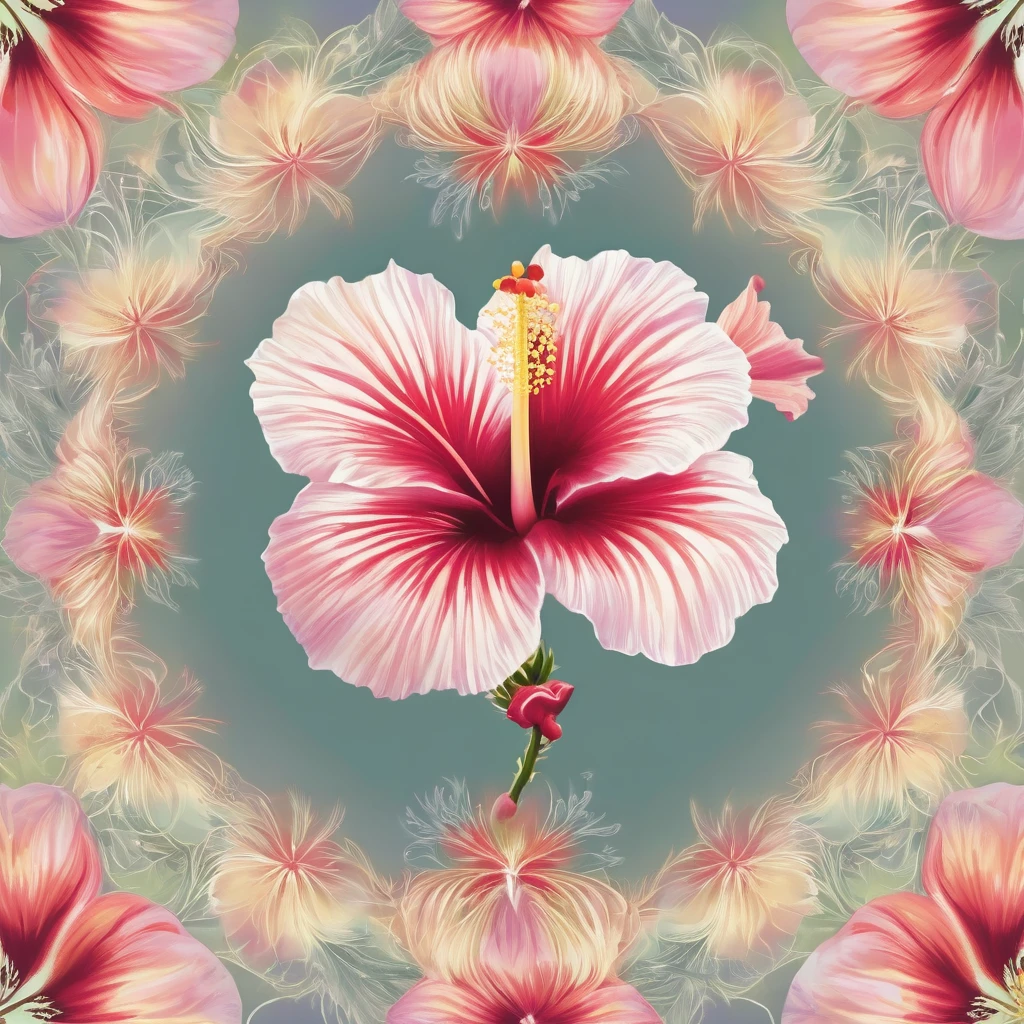 A hibiscus flower with delicate details, in pastel tones, forming a halo around a cross.