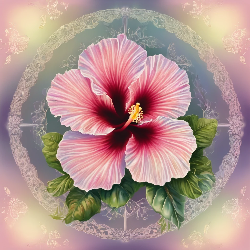 A hibiscus flower with delicate details, in pastel tones, forming a halo around a cross.