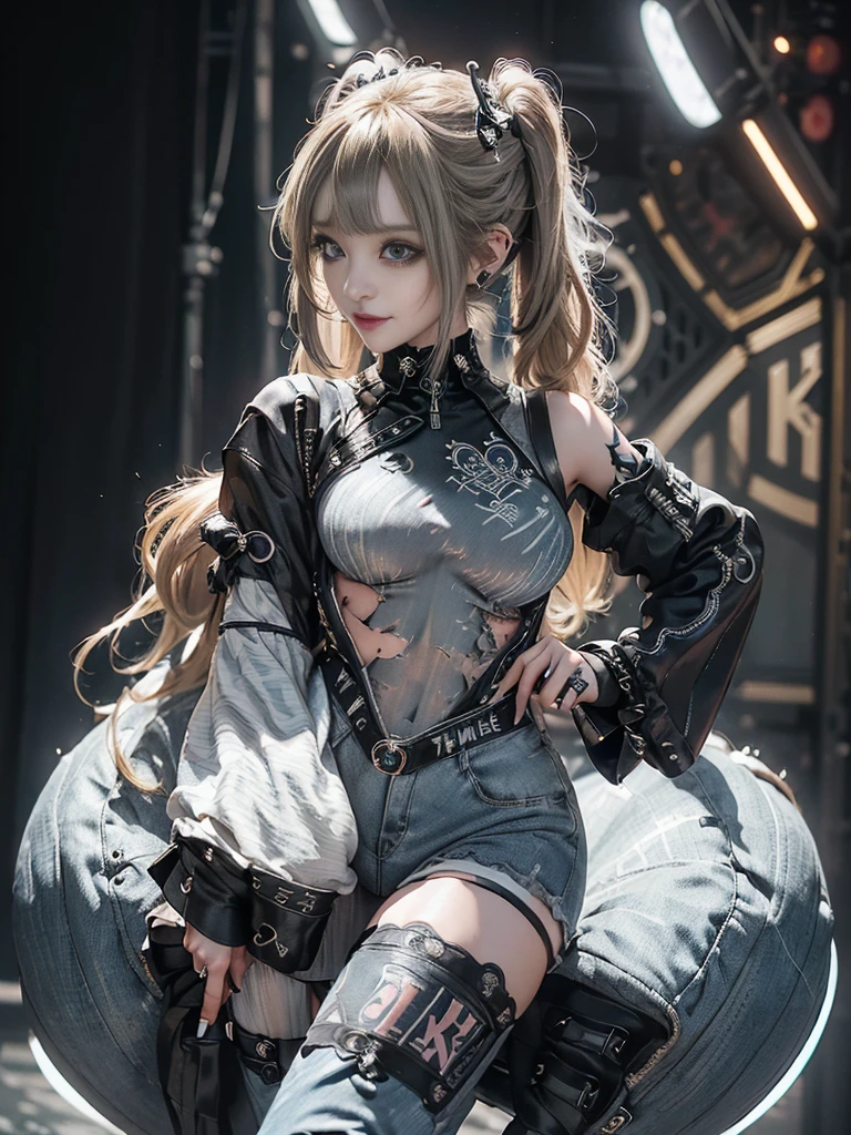 (Full Body View:1.4)、(Side view:1.1)、(Smiling with teeth showing:1.3),(Shibuya Gal:1.5)、(Gothic ta style fashion:1.5)、(Punk RockVisual Kei:1.5)、(Wearing a rhythmic gymnastics bodysuit with intricate details:1.4)、(Racing suit and pants with intricate decorations in white, denim and charcoal:1.5)、(Denim and light blue and white boots:1.3)、((belt))、(Numerous delicate logo marks all over the costume:1.4)、(collar:1.3)、(Striped underwear:1.5)、20-year-old、NSFW、((Highest quality、In 8K、masterpiece:1.3))、Sharp focus:1.2、(Layered Cut、Huge boobs:1.1),Beautiful woman with perfect figure:1.4、(Dancing vigorously:1.3)、Slender Abs:1.2、Highly detailed face and skin texture、Detailed eyes、double eyelid,(Twin tails:1.3)、(Brown-golden hair:1.3)、Gravure idol、(The background is the stage of the fashion show:1.3)、(Slim body:1.3),(Make your legs thinner:1.4),(clavicle:1.1)、(Thin and slim thighs:1.3)