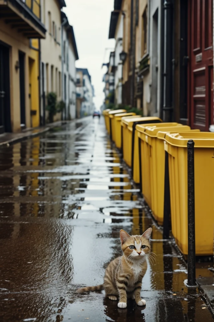 The yellow, thin, wet kitten, standing alone on the damp little street after the rain, looked around with sad eyes. Leaves fell everywhere, with several vehicles passing in the distance