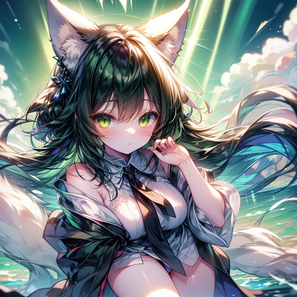 Anime Scenery light green long hair happy Nekogirl (two neko ears and white fox tail), oversized white shirt Off-the-shoulder, watching out of a window thoughtful, sunset, high amount of rainbow sunflare and lensflare, lots of colors, clouds. face invested from colors and light, masterpiece. A hand hold a bent leg,the other leg is stretched. 