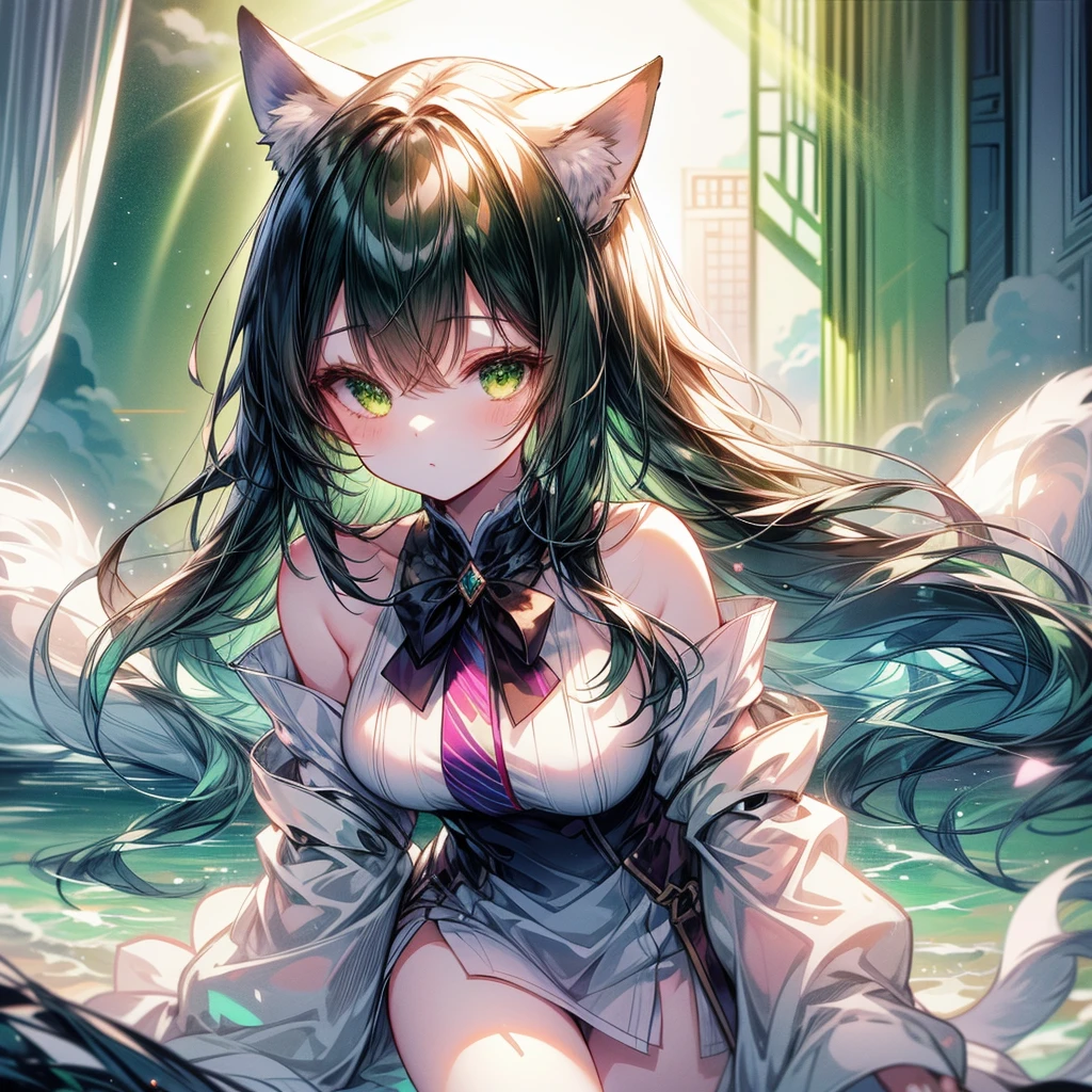 Anime Scenery light green long hair happy Nekogirl (two neko ears and white fox tail), oversized white shirt Off-the-shoulder, watching out of a window thoughtful, sunset, high amount of rainbow sunflare and lensflare, lots of colors, clouds. face invested from colors and light, masterpiece. A hand hold a bent leg,the other leg is stretched.