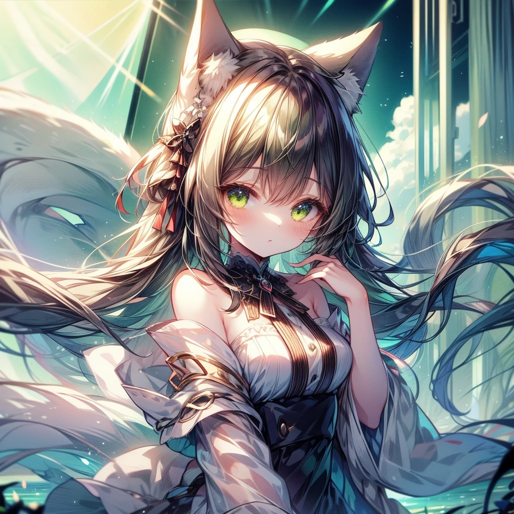 Anime Scenery light green long hair happy Nekogirl (two neko ears and white fox tail), oversized white shirt Off-the-shoulder, watching out of a window thoughtful, sunset, high amount of rainbow sunflare and lensflare, lots of colors, clouds. face invested from colors and light, masterpiece. A hand hold a bent leg,the other leg is stretched.