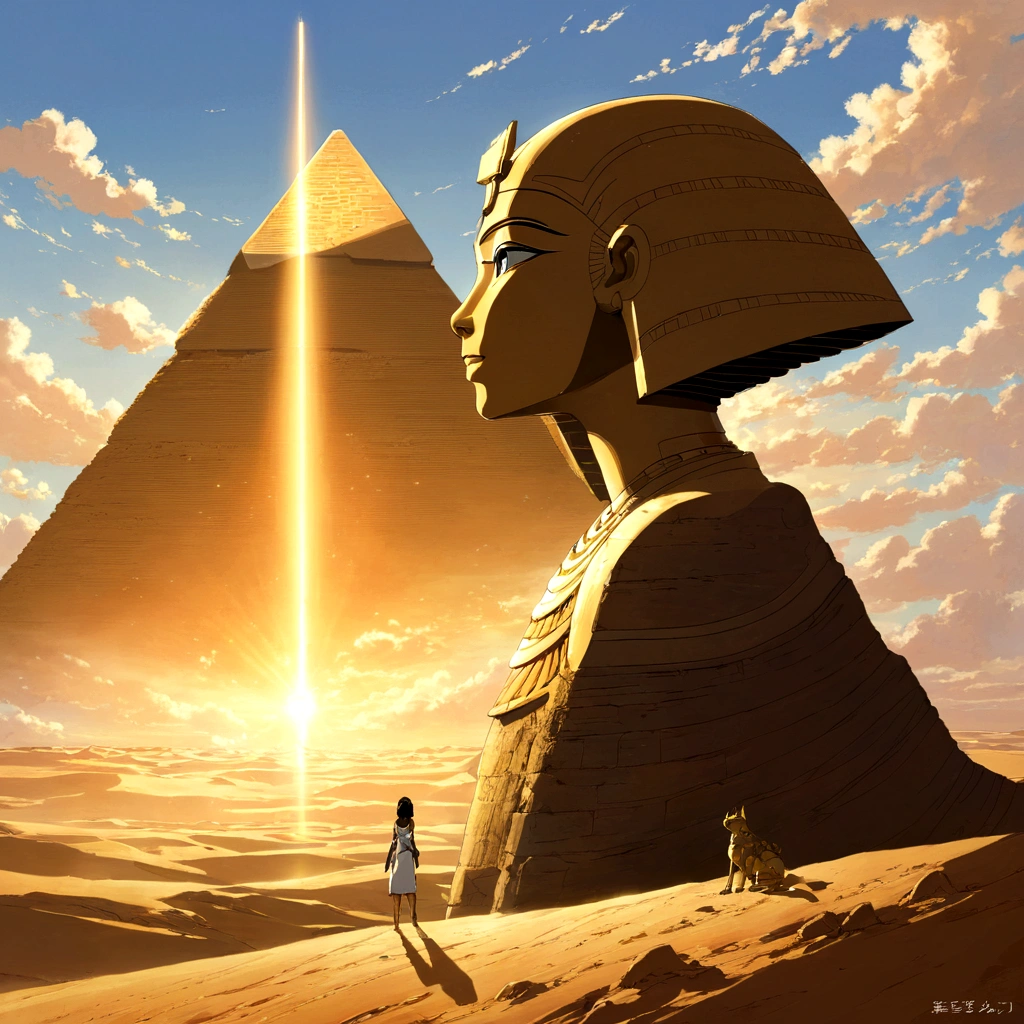 Egyptの広大なdesertに、The golden sun shines brightly々and pouring down。 But、The next moment、The silent world was enveloped in a roar.！ 崩れ落ちた石材の煙がdesertに舞い上がり、The dust blocks the sunlight。 When the dust clears、There was an unbelievable sight。 かつてそこに存在していた巨大なpyramidは跡形もなく、Instead、pyramidの石材を纏い、It has grown to several times its original size.、巨大なSphinx型robotが姿を現したのだ！🤖✨ robotSphinxの目は、Pale glow、He glares at his surroundings with a sharp gaze that seems to see through everything.。From that body、With immeasurable energy、There is a mysterious aura, as if ancient treasures are hidden here.。 目の前にそびえ立つrobotSphinxの圧倒的な存在感に、本物のSphinxは、砂煙の中で口をあんぐり開けてAstonishmentし、Looking up in a daze。美しいAnime Scenery, Landscape painting, Beautiful digital painting, Andreas Rocha, Beautiful artwork illustration, Awesome Wallpapers, Raymond Han, Tall beautiful paintings, Studio Ghibli Makoto Shinkai, Beautiful Wallpapers, Anime Scenery, pyramid, Sphinx, robot, Transform, 巨大robot, desert, Egypt, Astonishment, grow, sf, Humans don't draw