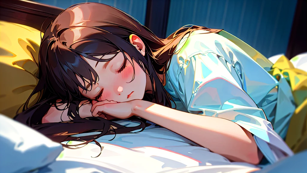 (Highest quality, masterpiece, Ultra-realistic), Beautiful and delicate15Year-old girl portrait,, The background is my bedroom at home.、Sleeping with a calm expression、Midnight、It's pitch black in the room.、It's raining outside、Rainy season、It's dark outside