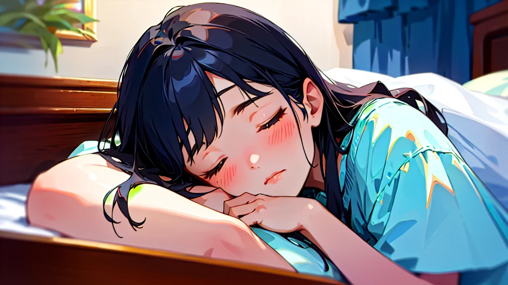 (Highest quality, masterpiece, Ultra-realistic), Beautiful and delicate１５Year-old girl portrait,, The background is my bedroom at home.、Sleeping with a calm expression、Midnight、It&#39;s pitch black in the room.、It&#39;s raining outside、Rainy season、It's dark outside
