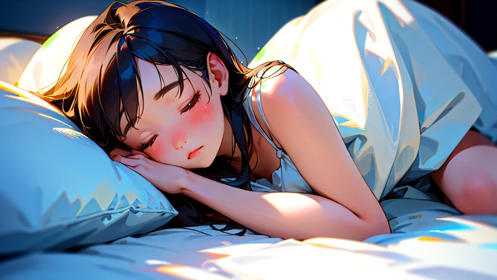 (Highest quality, masterpiece, Ultra-realistic), Beautiful and delicate15Year-old girl portrait,, The background is my bedroom at home.、Sleeping with a calm expression、Midnight、It's pitch black in the room.、It's raining outside、Rainy season、It's dark outside