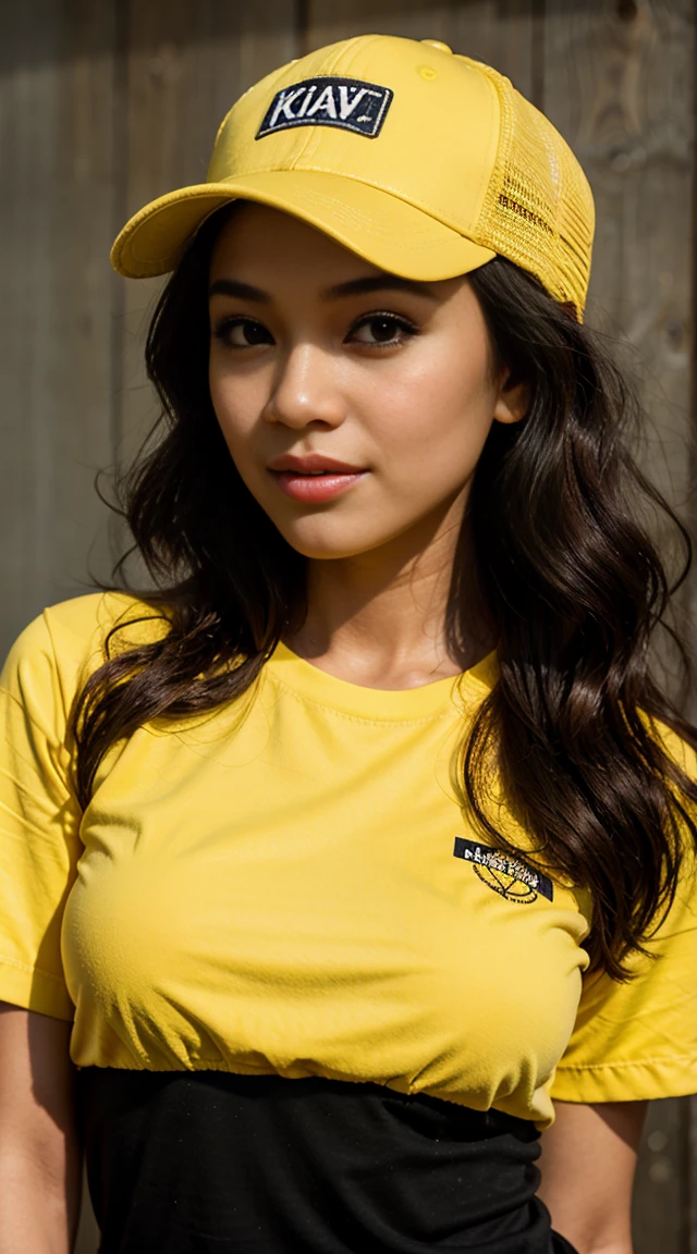 RAW Photo, DSLR BREAK (kkw-ph1:0.9) BREAK full body portrait of 1 young 20yo woman, black wavy hair, wearing plain yellow trucker cap, wearing plain yellow t shirt, perfect eyes, perfect lips, perfect nose, professional color graded, wonderful woman, dark background, cute woman, filipina, pinay, filipino woman