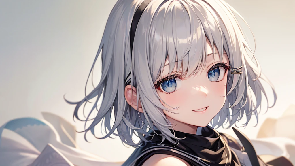 Her eyes were shining、Mysterious and enchanting atmosphere。With AI Painting、とてもShort Hair, Long bangs between the eyes, Very detailed,(masterpiece、Highest quality)、alone、Gray Hair、Fantasy, Silver Hair, Fantasyな風景、White shirt、smile、Open your mouth、Scarf、short hair、Short Hair、hairpin、black eye、Grey Eyes、Beautiful Eyes